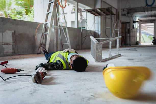 istock Work accidents of worker in the workplace at construction site area, Builder accident falls ladder on floor and Unconscious, Electric suction, Unsafe concept. Add zoom filter effect for feelings. 1334281880
