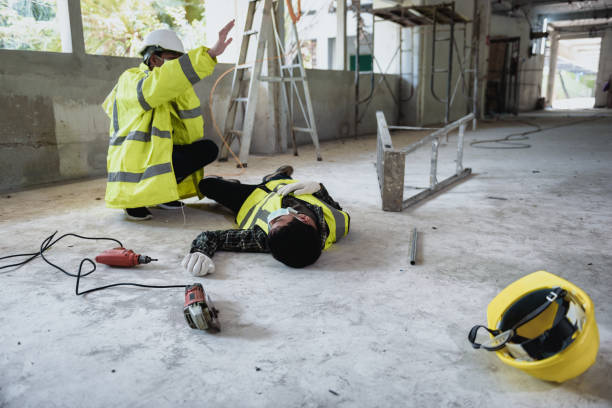istock Work accidents of worker in workplace at construction site area and Unconscious with colleague motion and call to the safety officer for rescue and Life-saving. Selection focus on an Injured person. 1334281883