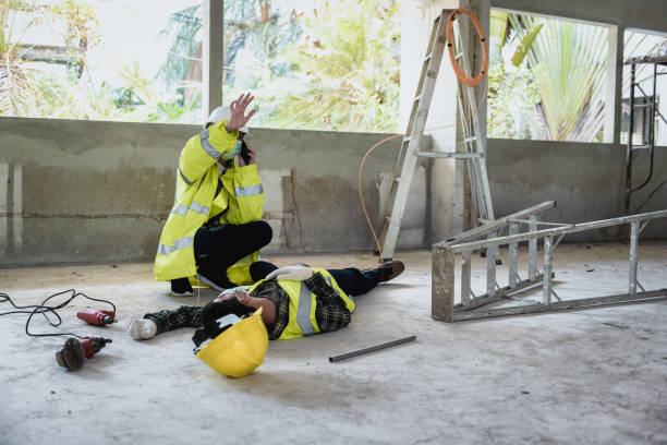 istock Work accidents of worker in workplace at construction site area and Unconscious with colleague motion and call to the safety officer for rescue and Life-saving. Selection focus on an Injured person. 1334281888