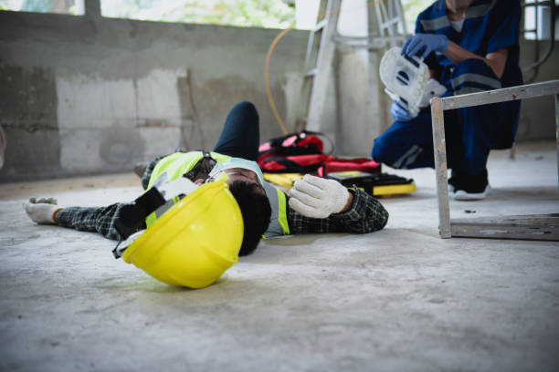 istock Work accidents of worker in the workplace at construction site area, Builder accident falls ladder on floor and Unconscious, Electric suction, Unsafe concept. 1334281910