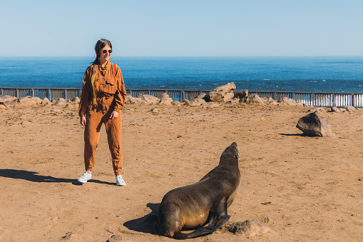 Young woman with backpack exploring the wildlife reserve with cute fur seals in Namibia, Southern Africa