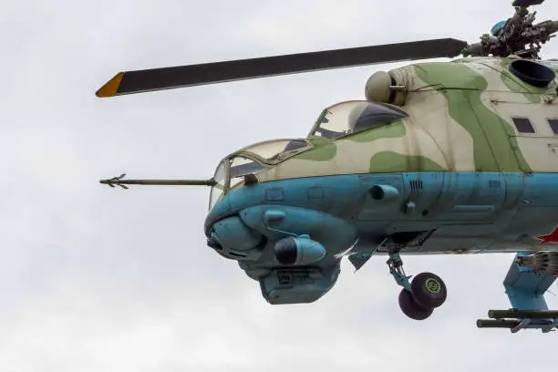 Photo of attack helicopter against cloudy sky