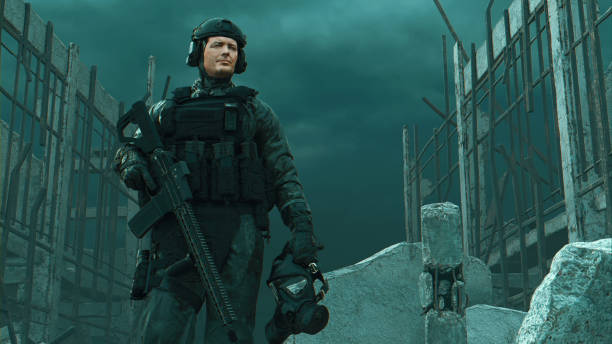 Soldier with a rifle takes a break while standing in a warzone. He holds a face mask in his hand. Digitally generated image.