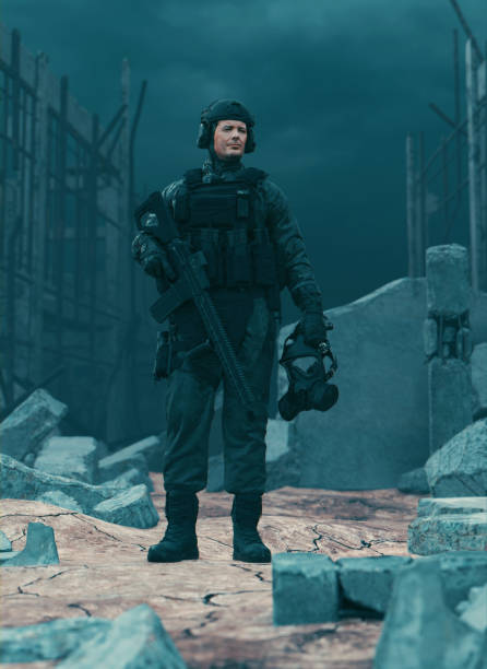 istock Soldier stands alone in a warzone with weapons and protective face mask 1334283765