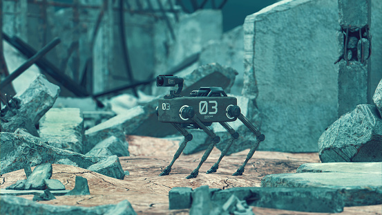 Concept image of a robot dog standing the rubble in the middle of a warzone or the aftermath of an earthquake. The dog has a camera and can be controlled remotely. Digitally generated image.
