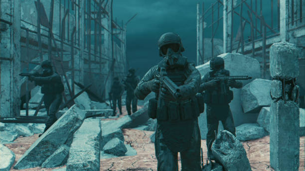 istock Soldiers on patrol in warzone points with their weapons 1334283773