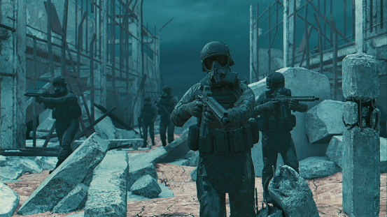 Several soldiers with face masks are securing an area in a warzone.  They all have weapons and move forward in formation. Digitally generated image: Soldiers are 3d models.
