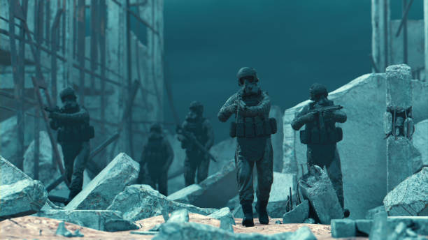 istock Soldiers with weapons are ready to attack in warzone 1334283774