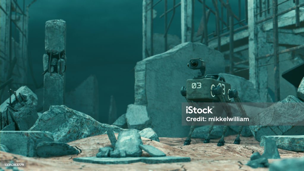 Robot dog with camera on a search and rescue mission Concept image of a robot dog standing the rubble in the middle of a warzone or the aftermath of an earthquake. The dog has a camera and can be controlled remotely. Digitally generated image. Artificial Intelligence Stock Photo