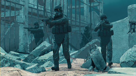 Several soldiers with face masks are securing an area in a warzone.  They all have weapons and move forward in formation. Digitally generated image: Soldiers are 3d models.