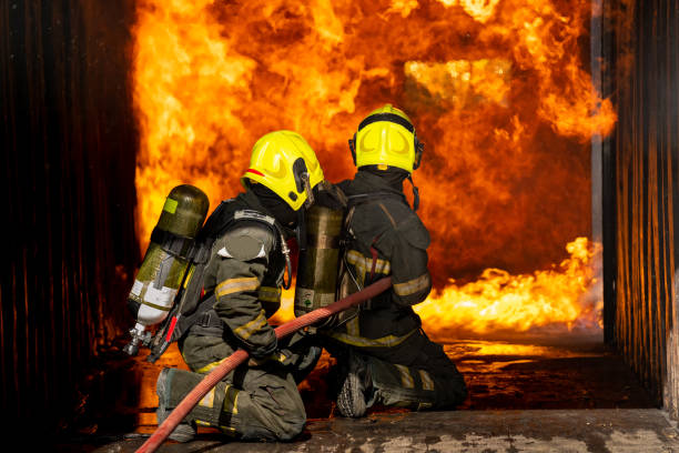 istock Firefighters are conducting fire drills by spraying water to extinguish the raging fire. 1334285457