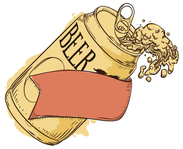 Colored drawing of a beer can and ribbon Colored drawing of a beer can spilling liquid and froth, decorated with empty ribbon. water colour beer hops stock illustrations