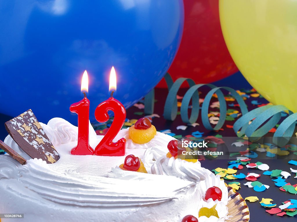 12th. Anniversary 12th. Anniversary / Birthday cake in a Party background with balloons and party strings. Number 12 Stock Photo