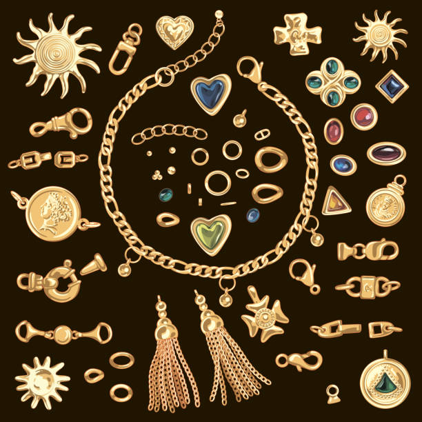 Gold chains and brooches vector art illustration