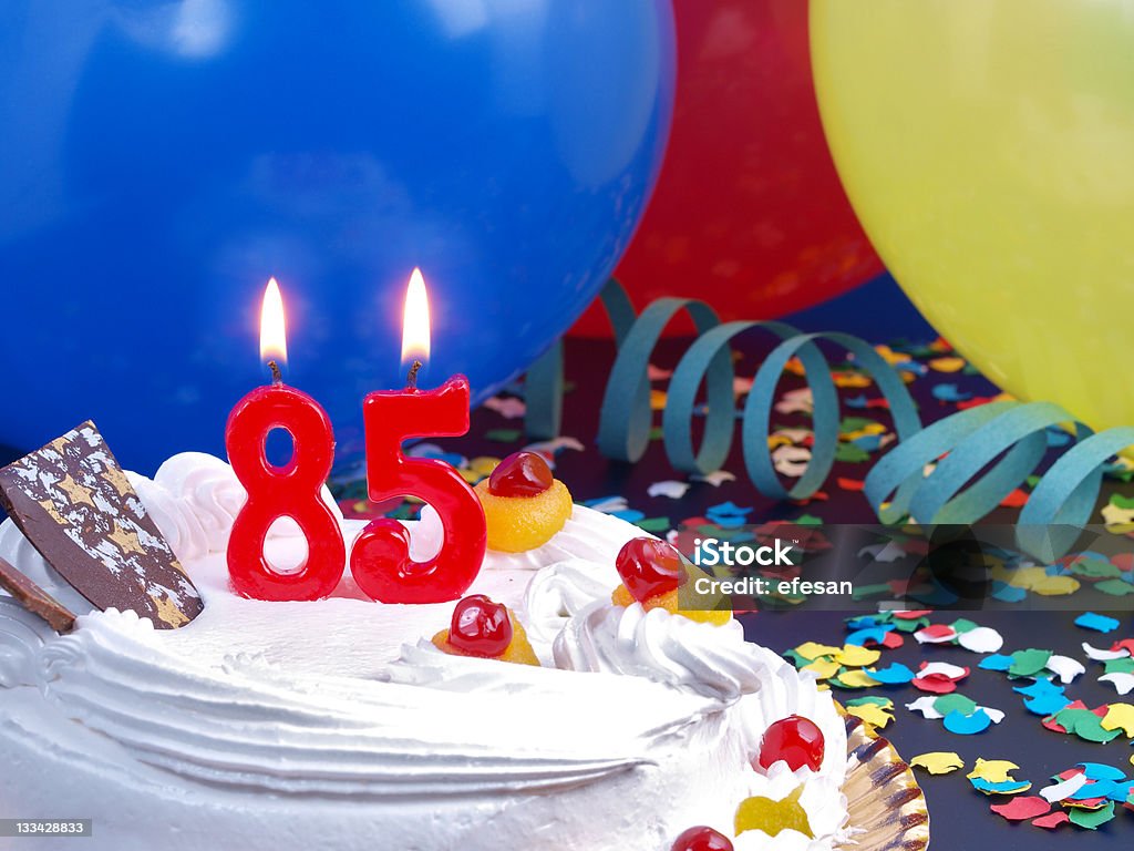 85th. Anniversary 85th. Anniversary / Birthday cake in a Party background with balloons and party strings. 80-89 Years Stock Photo