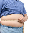 obese fat boy measuring tape of stomach isolated on white