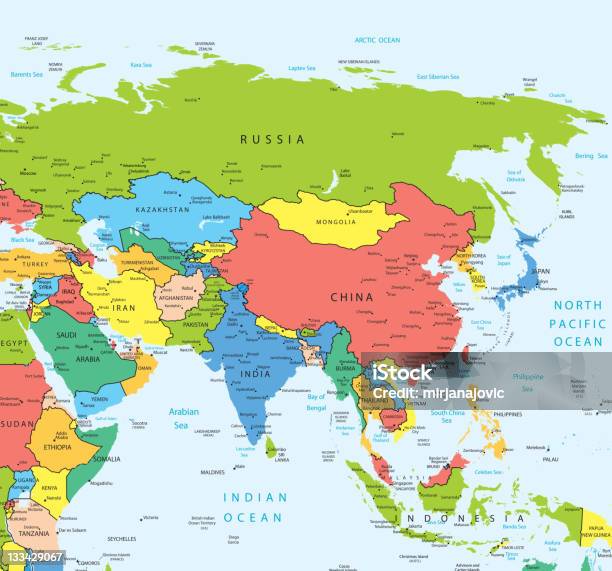 Ásia Mapa Países E Cidades - Arte vetorial de stock e mais imagens de Mapa - Mapa, Ásia, Índia