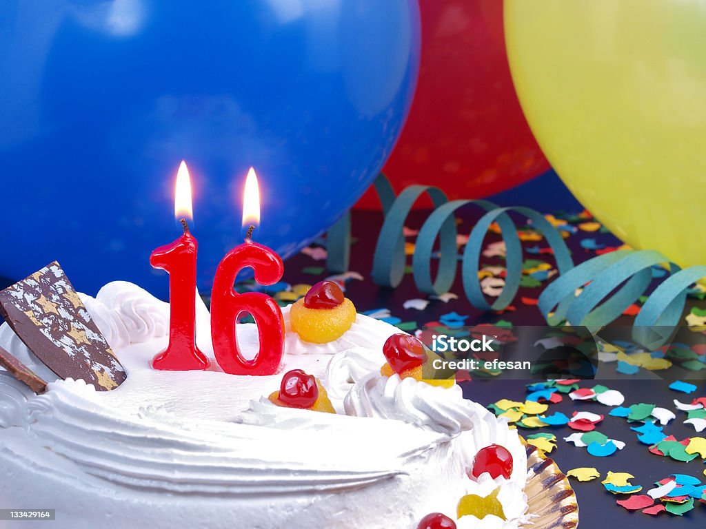 16th. Anniversary 16th. Anniversary / Birthday cake in a Party background with balloons and party strings. 16-17 Years Stock Photo