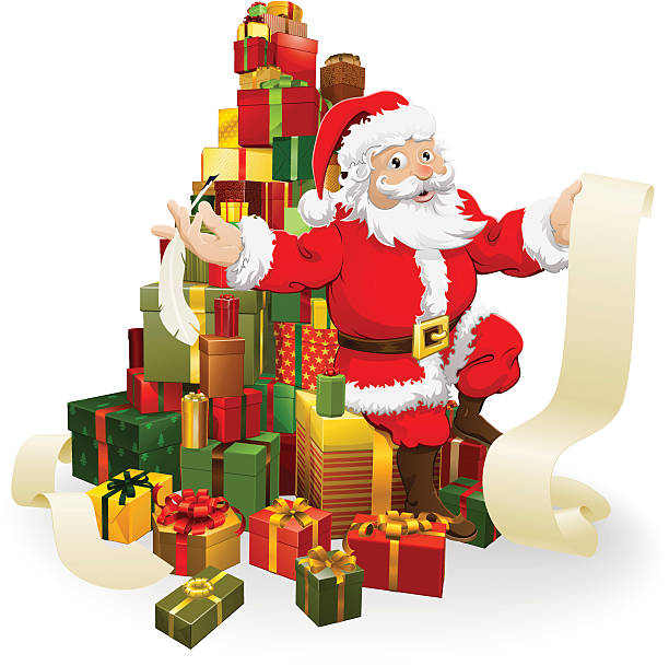 Santa with gifts list Santa with his list and and quill pen seated on a stack of gifts clip art of scroll quill stock illustrations