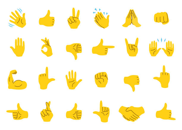 illustrazioni stock, clip art, cartoni animati e icone di tendenza di set di icone emoji a mano. gesti delle mani. emoticon a mano. illustrazione vettoriale. ciao, pollice in su, ondeggiamento, applausi, stretta di mano, ecc - battere le mani esprimere a gesti