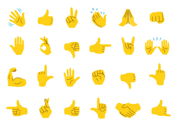 stockillustraties, clipart, cartoons en iconen met hand emoji icon set. hands gestures. hand emoticons. vector illustration. hello, thumb up, waving, applause, handshake, etc - zwaaien gebaren