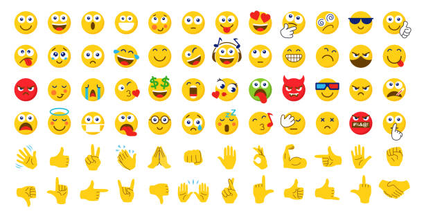 kumpulan ikon emoji. emotikon. tangan. senyum colllection. emosi. kartun lucu. gerakan tangan. media sosial. tersenyum, menangis, sedih, marah, gembira, halo, suka, jabat tangan, dll - emotikon ilustrasi stok