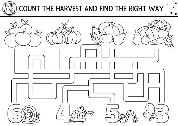 thanksgiving schwarz-weißes labyrinth für kinder. herbstferienlinie druckbare zählaktivität. herbst labyrinth spiel oder malvorlage mit süßem gemüse, insekten. ernte zählen und den weg finden - thanksgiving symbol turkey apple stock-grafiken, -clipart, -cartoons und -symbole