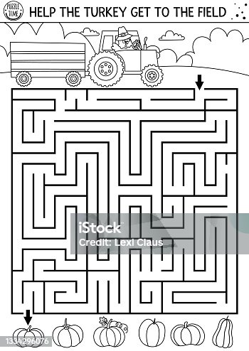 istock Thanksgiving Day black and white maze for children. Autumn holiday line printable activity. Fall outline labyrinth game or puzzle with cute bird driving a tractor. Help turkey get to the field 1334296076