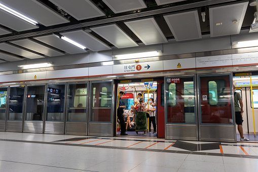 Hong Kong - August 15, 2021 : General view of the MTR Austin Station in Kowloon, Hong Kong.  It is an underground MTR station on the Tuen Ma line in Hong Kong.