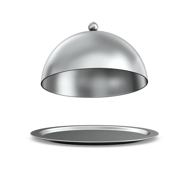 istock open metallic cloche on white background. Isolated 3d illustration 1334298206