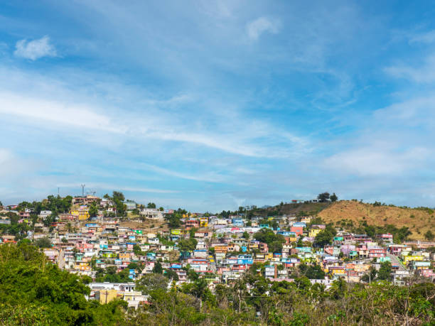 Small colored village on a hill. the southern town of Yauco sizzles with naturally saturated colors stock photo