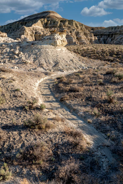 istock Desert dry creek bed leads up to rocky cliffs 1334300861