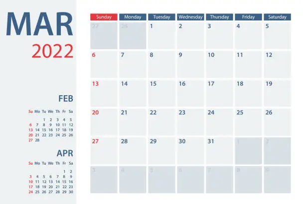 Vector illustration of 2022 March Calendar Planner Vector Template. Week starts on Sunday