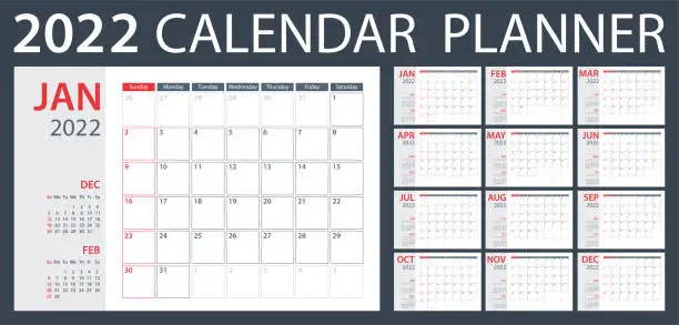Vector illustration of Calendar Planner 2022 - Vector Template. Week starts on Sunday