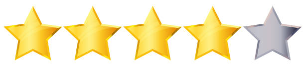 4つの4つ星のランク記号。光沢のある金色の星のステッカーアイコンの評価 - rating star shape ranking four objects点のイラスト素材／クリップアート素材／マンガ素材／アイコン素材
