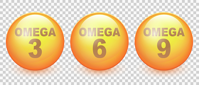Vector realistic omega acids isolated on transparent background. Healthy food supplements fatty acid epa dha 3, 6 and 9 organic vitamin nutrient fish oil. Omega 3d vector illustration EPS10