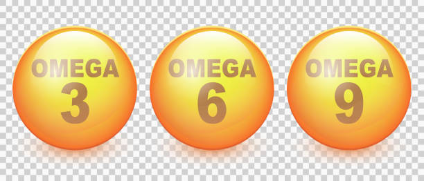 Omega acids three six and nine fish oil vector Vector realistic omega acids isolated on transparent background. Healthy food supplements fatty acid epa dha 3, 6 and 9 organic vitamin nutrient fish oil. Omega 3d vector illustration EPS10 omega 3 and 6 stock illustrations