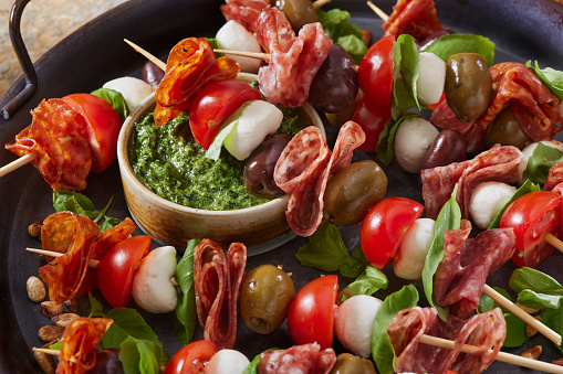 Antipasto Skewers with Mozzarella, Cherry Tomatoes, Basil, Olives, Salami and a Basil Pesto Sauce