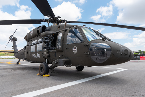 Ankara, Turkey - June 26, 2021: Turkish Police Aviation Sikorsky S70 at display at the 40th anniversary of Turkish Police Aviation Division celebrations, at Golbasi - Ankara.