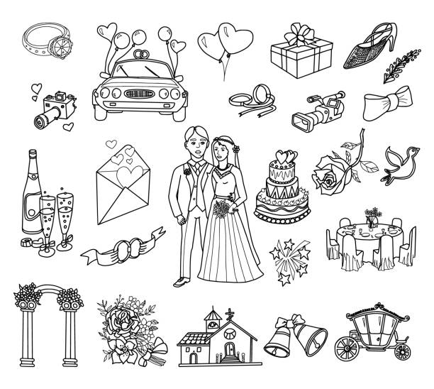 ilustraciones, imágenes clip art, dibujos animados e iconos de stock de conjunto de garabatos de boda - table wedding flower bow
