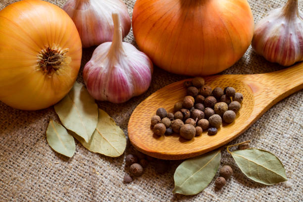 istock Allspice, onion, garlic and bay leaf. 1334306938