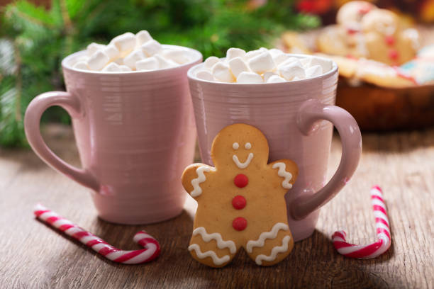 christmas drink. cups of hot chocolate with marshmallows and gingerbread cookies - december stockfoto's en -beelden