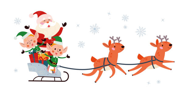 winter merry christmas weihnachtsfeiertag illustration mit lustiger weihnachtsmannfigur und seiner rentierschlittenfliege isoliert. - sleigh stock-grafiken, -clipart, -cartoons und -symbole