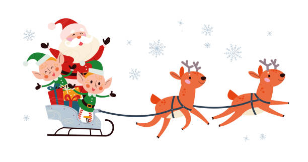 Winter Merry Christmas holiday illustration with funny Santa Claus character and his reindeer sleigh fly isolated. Winter Merry Christmas holiday illustration with funny Santa Claus character and his reindeer sleigh fly isolated. Vector flat cartoon illustration. For card, banner, flayer, invitation, poster. animal sleigh stock illustrations