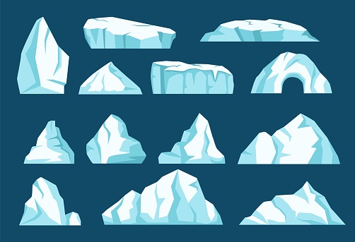 Cartoon icebergs, antarctic ice glaciers, arctic ice rocks. Floating iceberg mountains, frozen snow crystals, glacial icy peaks vector set. Freezing water of different forms and shapes