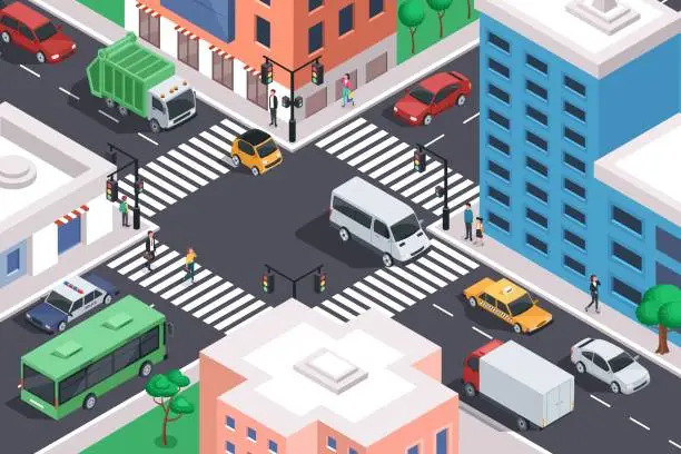 Vector illustration of Isometric city crossroad with cars, road intersection traffic jam. Urban downtown street with transport and people vector illustration
