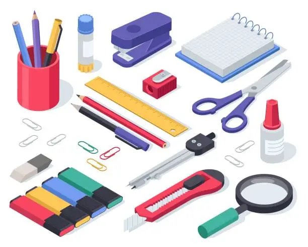 Vector illustration of Isometric stationery. School supplies glue, notebook, material, pen, scissors, stapler, ruler, eraser. Office tools and equipment vector set