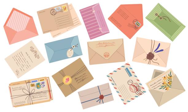 illustrazioni stock, clip art, cartoni animati e icone di tendenza di buste, lettere postali di carta, cartoline con francobolli e timbro postale. busta di tenuta in cera fatta a mano, set vettoriale per corrispondenza vintage - envelope mail letter multi colored