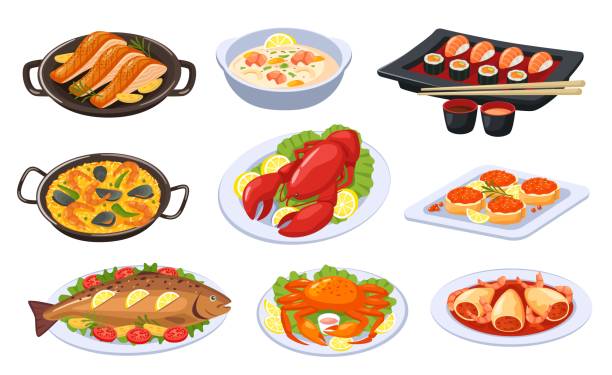 Cartoon seafood dishes, asian food and cuisine. Sushi, lobster, salmon, shrimp soup, baked fish. Delicious festive seafood dish vector set Cartoon seafood dishes, asian food and cuisine. Sushi, lobster, salmon, shrimp soup, baked fish. Delicious festive seafood dish vector set. Traditional japanese meal, restaurant presentation shrimp prepared shrimp prawn cartoon stock illustrations