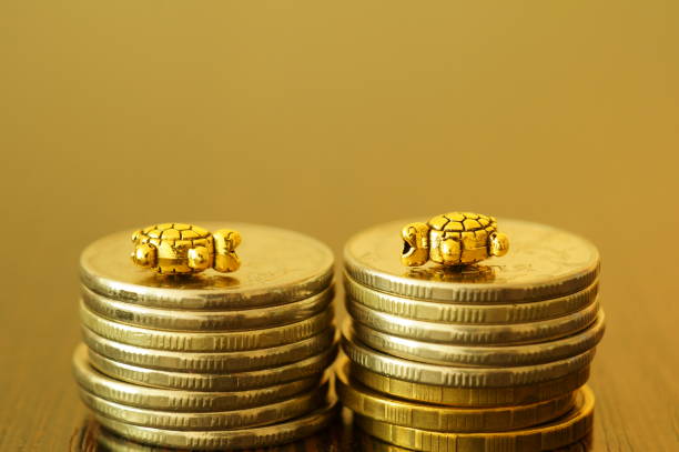 istock Two metal turtles with coins on a gold background. 1334309683